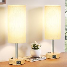 Small Touch Table Lamps Set of 2-3-Way Dimmable, USB A + C Charging, AC Outlet, Wood Grain Base, Bulbs Included