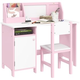 Qaba Toddler Desk and Chair Set, Kids Writing Desk Study Table for Children with Whiteboard, Storage Cabinet, Child Furniture, Art Gifts for Kids