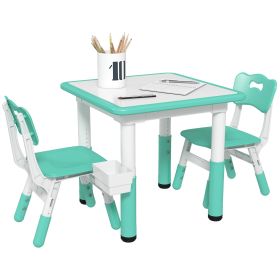 Qaba 3 Pieces Kids Table and Chairs, Height Adjustable Toddler Table and Chair Set with Storage, Easy to Wipe, Activity Table 2 Chairs for Classr