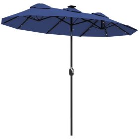 Double-sided Patio Umbrella, 9.7 Outdoor Umbrella With Tilt And Crank, LED Solar Light And 12 Ribs, Navy Blue (Color: Navy Blue)