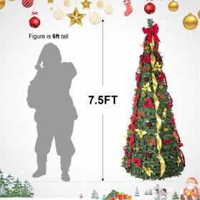 Prelit Full Pop Up Christmas Tree With Warm LED Lights, Gold And Red Ribbon, Bows, Balls Ornaments Easy Assemble Collapsible Xmas Trees Holiday P (Option: Half of 15ft)