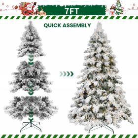 5FT 6FT 7FT 8FT Prelit Flocked Christmas Tree With Light, Snowy Pine Design, Warm White LED Lights, Hinged Branches, Metal Stand, Realistic Artif (Option: 7ft)