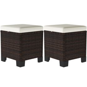2 Piece Wicker Outdoor Ottomans With Cushions, Rattan Ottoman Footrest And Side Table For Patio, Yard, Poolside, Beige (Color: Beige)