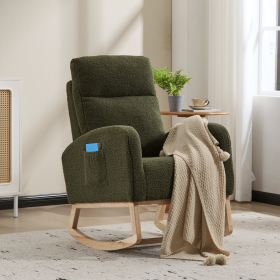 Modern Accent Rocking Chair Rocking Chair with Solid Wood Legs, Upholstered Nursery Glider Rocker, Comfy Armchair with Side Pocket (Color: Green)