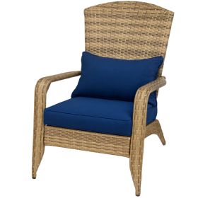 Patio Adirondack Chair With Rattan Wicker, Soft Cushions, Tall Curved Backrest For Deck Or Garden, Dark Blue (Color: Dark Blue)