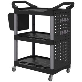 3-Tier Rolling Tool Cart, 200 LBS Capacity Plastic Utility Cart With Side Shelf And Storage Bucket, Black (Color: Black)